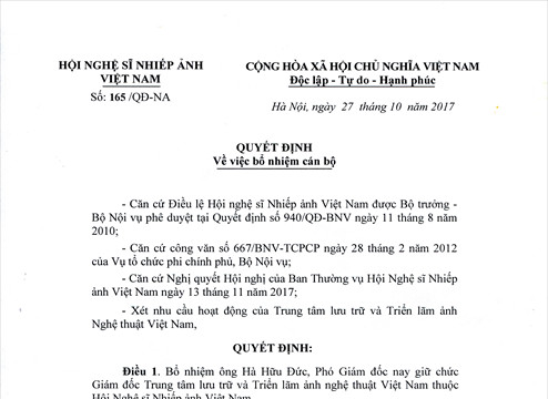 Thông báo Quyết định bổ nhiệm nhân sự Trung tâm lưu trữ và Triển lãm ảnh nghệ thuật Việt Nam