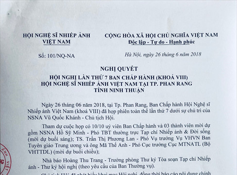 Nghị quyết số 101/NQ-NA ngày 26/6/2018 Hội nghị lần thứ 7 Ban Chấp hành (khóa VIII) Hội Nghệ sĩ Nhiếp ảnh Việt Nam tại Tp. Phan Rang, tỉnh Ninh Thuận