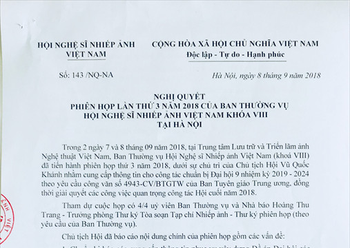 Nghị quyết số 143/NQ-NA ngày 8/9/2018 Ban Thường vụ Hội Nghệ sĩ Nhiếp ảnh Việt Nam (khóa VIII) tại Hà Nội và các quyết định thực thi một số nội dung Nghị quyết 143/NQ-NA