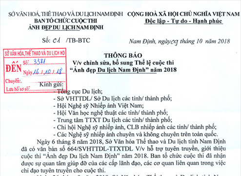 Thông báo về việc chỉnh sửa, bổ sung Thể lệ cuộc thi "Ảnh đẹp Du lịch Nam Định 2018"