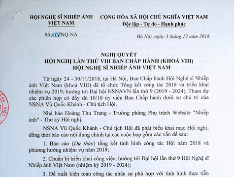 Nghị quyết số 188/NQ-NA ngày 3/12/2018 Hội nghị lần thứ VIII Ban Chấp hành (khóa VIII) Hội Nghệ sĩ Nhiếp ảnh Việt Nam