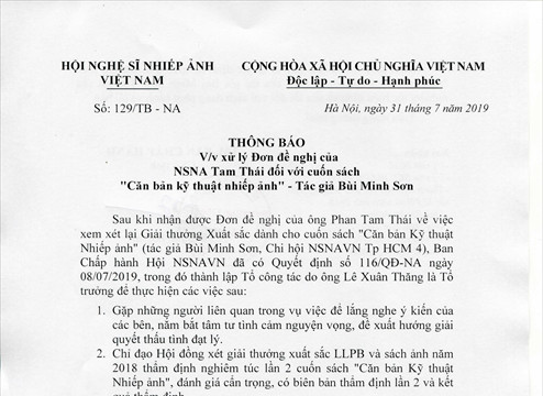 Thông báo v/v xử lý Đơn đề nghị của NSNA Tam Thái đối với cuốn sách "Căn bản kỹ thuật Nhiếp ảnh" của tác giả Bùi Minh Sơn