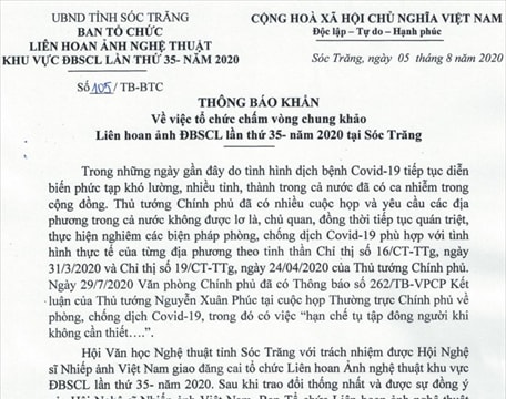 Thông báo V/v tổ chức chấm vòng Chung khảo Liên hoan ảnh Đồng bằng Sông Cửu Long lần thứ 35 - năm 2020 tại Sóc Trăng