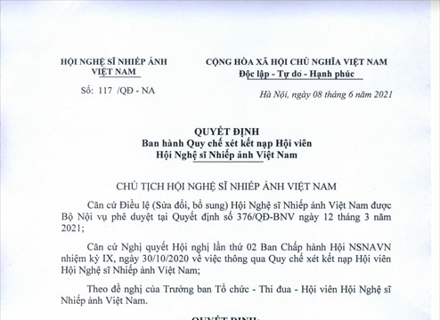 Quy chế xét kết nạp Hội viên Hội Nghệ sĩ Nhiếp ảnh Việt Nam