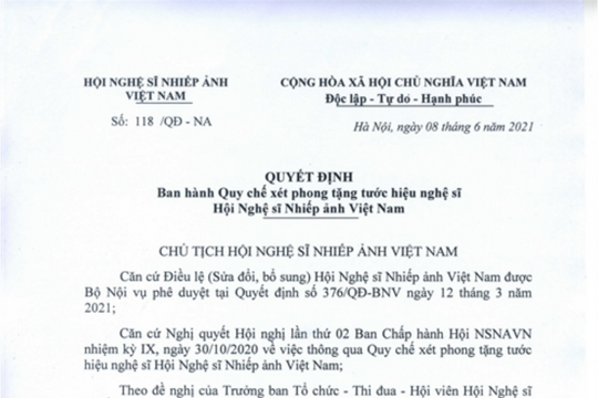 Quy chế xét phong tặng tước hiệu nghệ sĩ Hội Nghệ sĩ Nhiếp ảnh Việt Nam