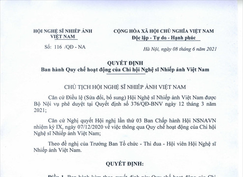 Quy chế hoạt động của Chi hội Nghệ sĩ Nhiếp ảnh Việt Nam