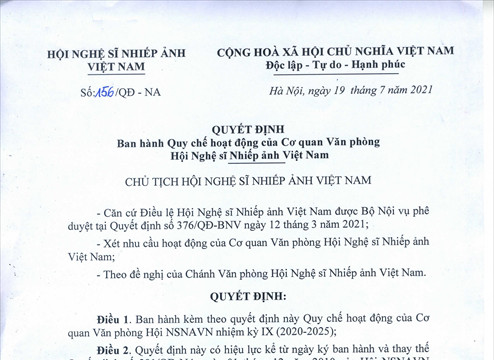 Quy chế hoạt động của cơ quan Văn phòng Hội Nghệ sĩ Nhiếp ảnh Việt Nam