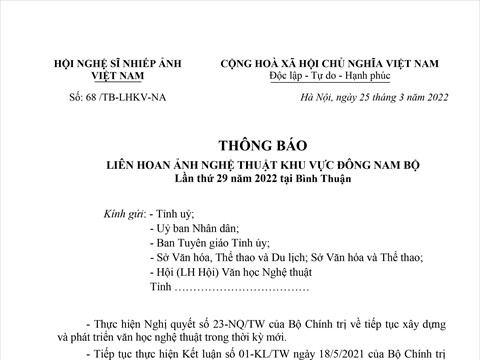 TB về Liên hoan Khu vực miền Đông Nam bộ lần thứ 29 năm 2022 tại Bình Thuận