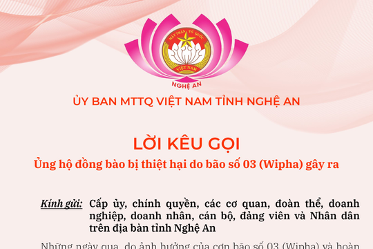 UBMTTQVN tỉnh Nghệ AN kêu gọi ủng hộ đồng bào Nghệ An 
bị thiệt hại do bão số 3
