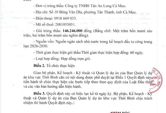 Cà Mau: Công ty Tân An Long được chỉ định liên tiếp 2 gói thầu