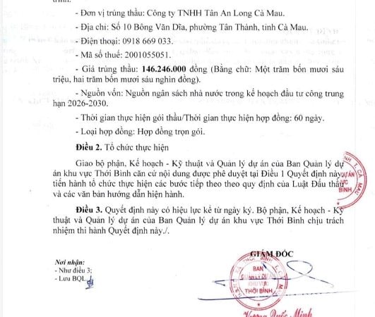 Cà Mau: Công ty Tân An Long được chỉ định liên tiếp 2 gói thầu